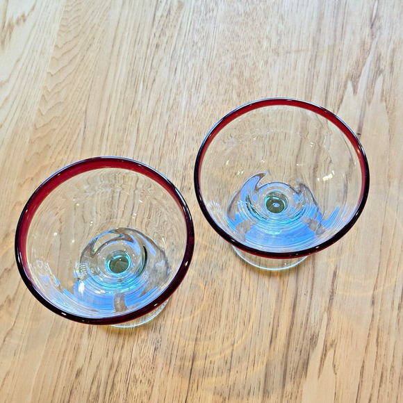 Margarita Glasses Red Rim Mexican Hand Blown Thick Glass Set Of 2 Barware 10 oz - Picture 3 of 7